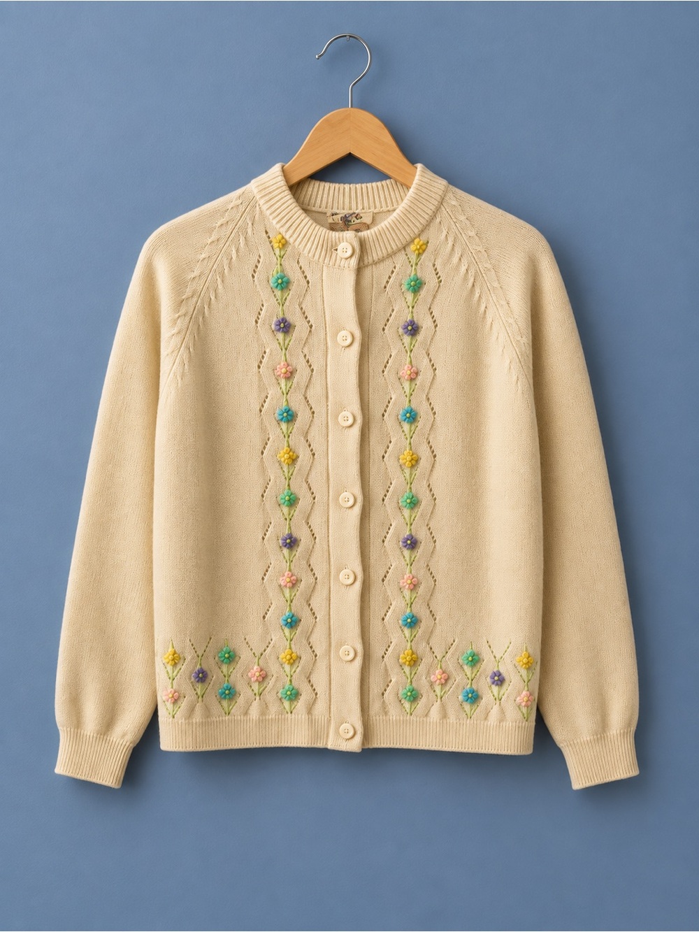 Vintage 1960s Teri-Jo New York Embroidered Knit Cardigan – Cream
